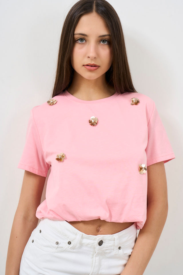 T-shirt donna rosa con applicazioni 3D