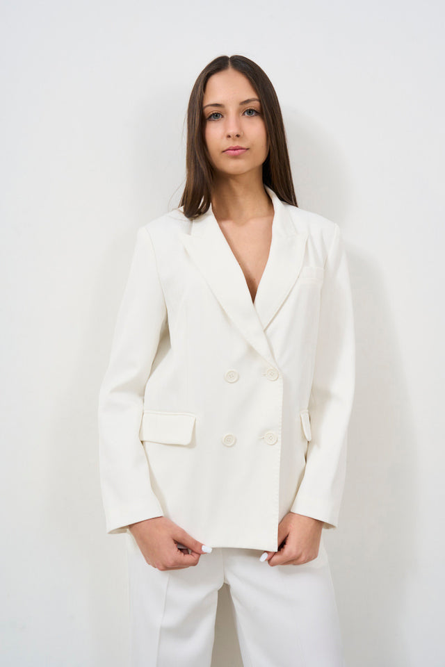 White double-breasted women's blazer with peak lapels