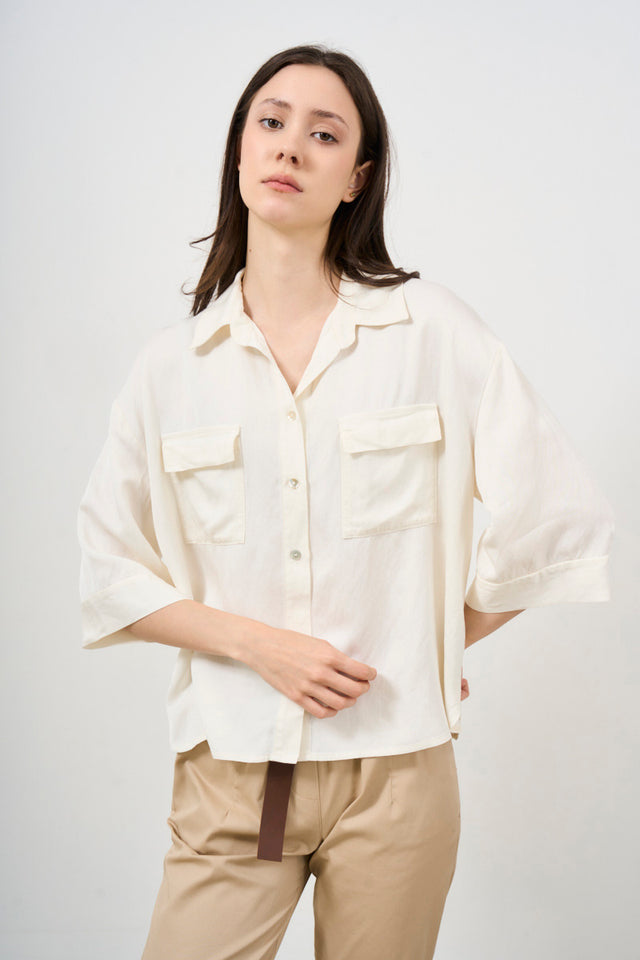 Camicia donna panna con tasche e maniche ampie