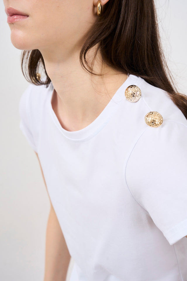 T-shirt donna con bottoni su spalline