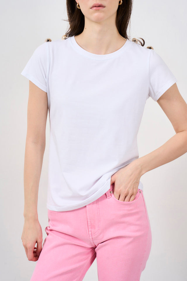 Women's T-shirt with buttons on shoulder straps