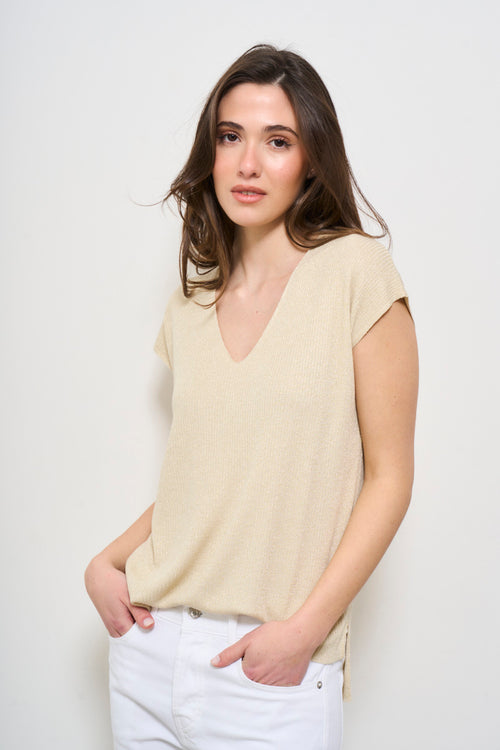 T-shirt donna scollo V beige