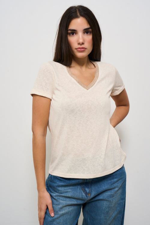 T-shirt donna scollo a V beige