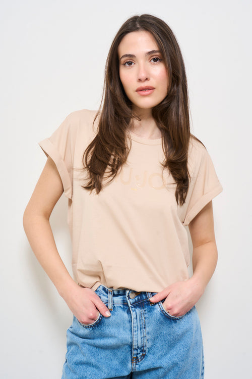 T-shirt donna beige con logo frontale - 1