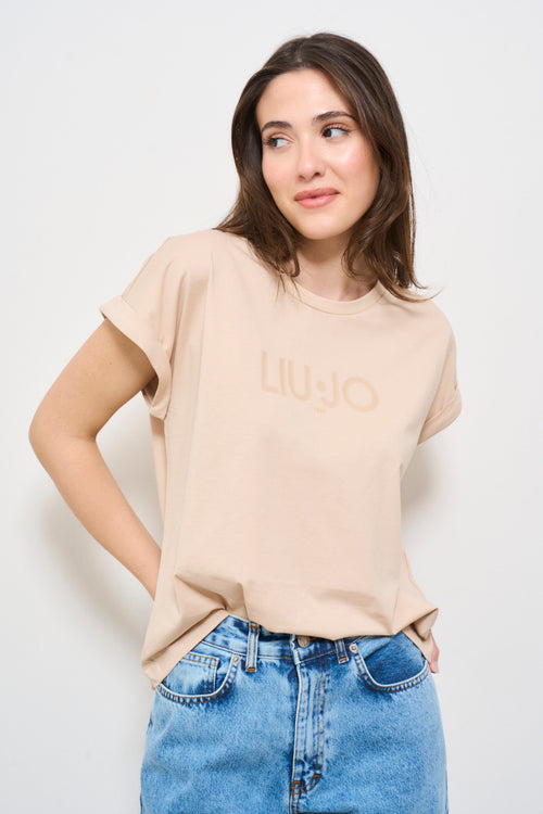 T-shirt donna beige con logo frontale - 2