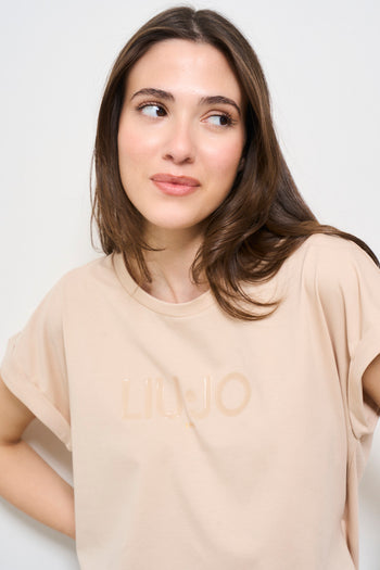 T-shirt donna beige con logo frontale - 3