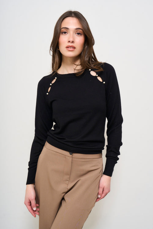 Maglia donna nera cut-out con perle - 1