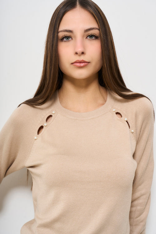 Maglia donna beige cut-out con perle - 2