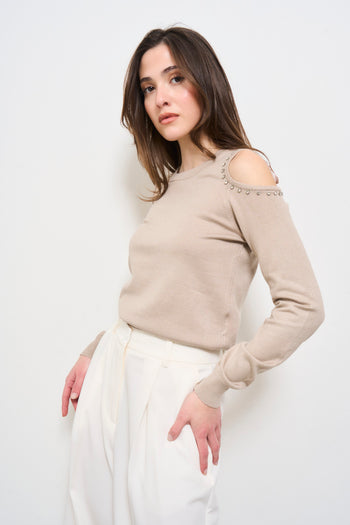 Maglia donna cut out beige - 3