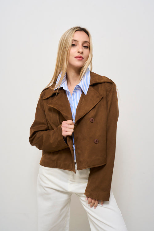 Trench donna cropped scamosciato marrone - 2