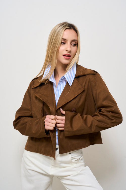 Trench donna cropped scamosciato marrone - 1