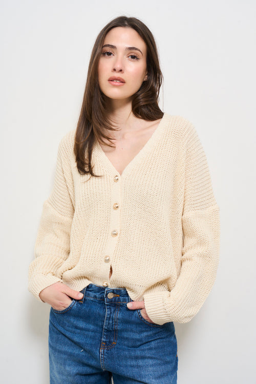 Cardigan donna beige con bottoni in metallo - 1