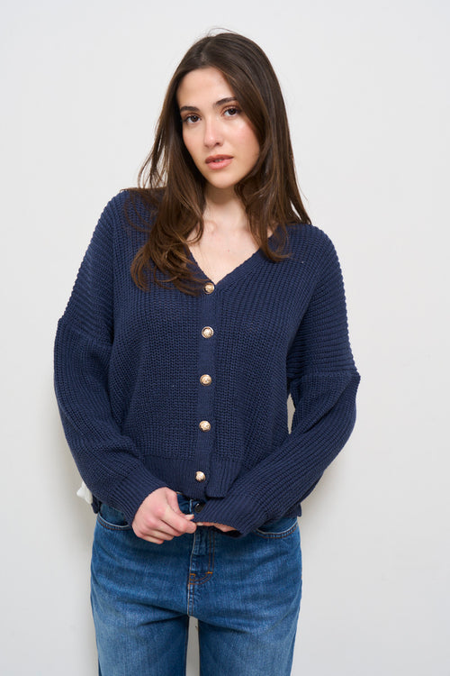 Cardigan donna blu con bottoni in metallo - 2