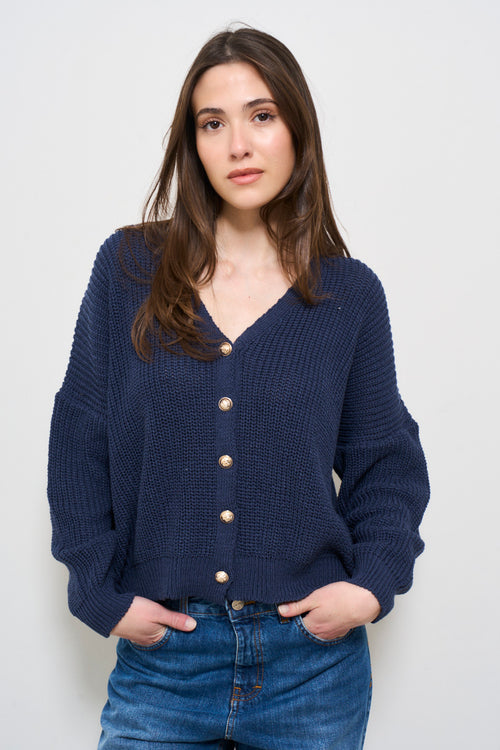 Cardigan donna blu con bottoni in metallo