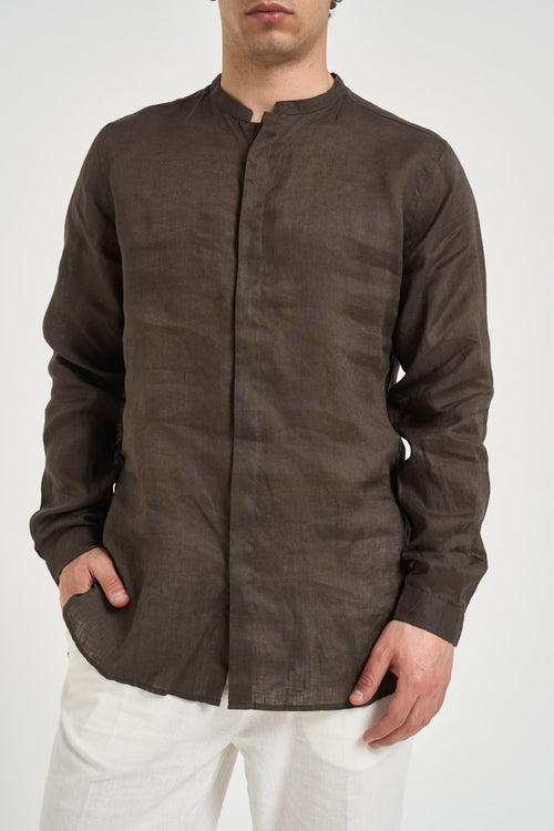 Camicia uomo in lino marrone - 1