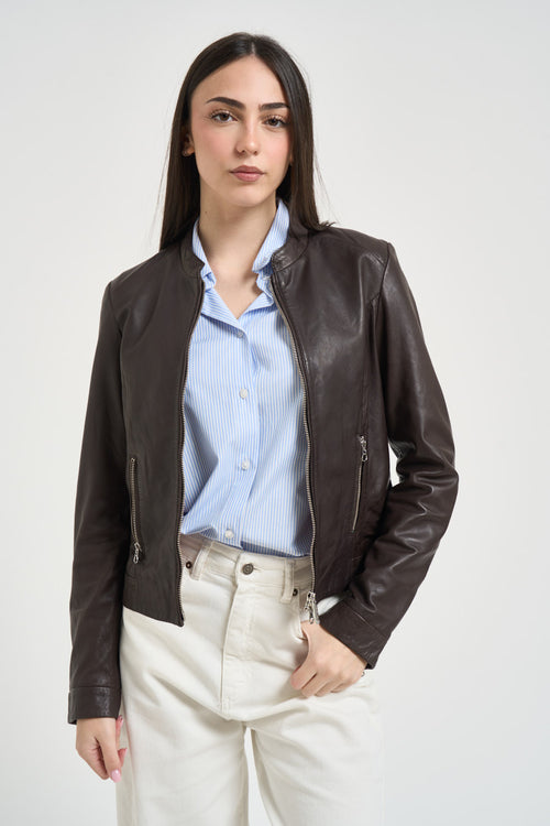 Giubbotto donna marrone in pelle - 1
