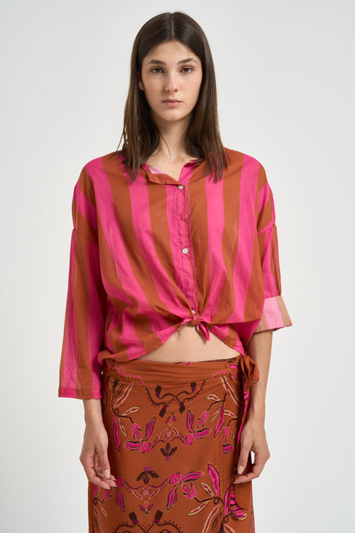 Camicia donna a righe fucsia e cammello - 2