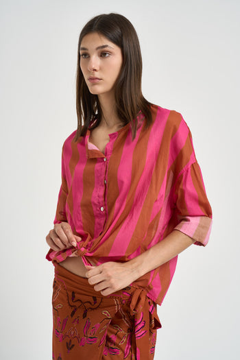 Camicia donna a righe fucsia e cammello - 3
