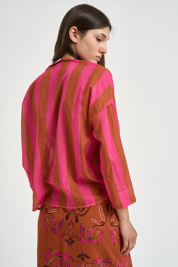 Camicia donna a righe fucsia e cammello - 4