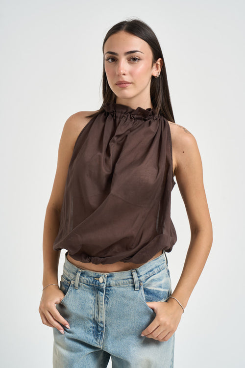 Blusa donna collo arricciato marrone