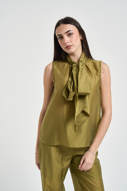 Blusa donna verde oliva con fiocco - 2