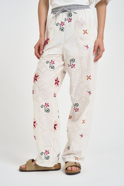 Pantalone donna bianco con ricami multicolor
