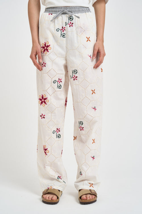 Pantalone donna bianco con ricami multicolor - 2