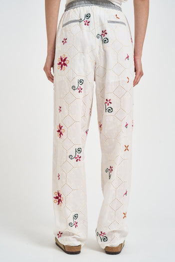 Pantalone donna bianco con ricami multicolor - 3