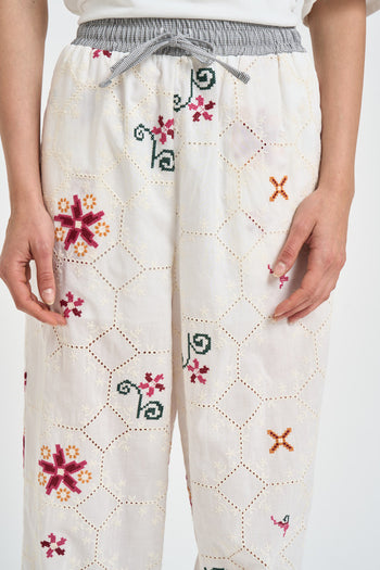 Pantalone donna bianco con ricami multicolor - 5
