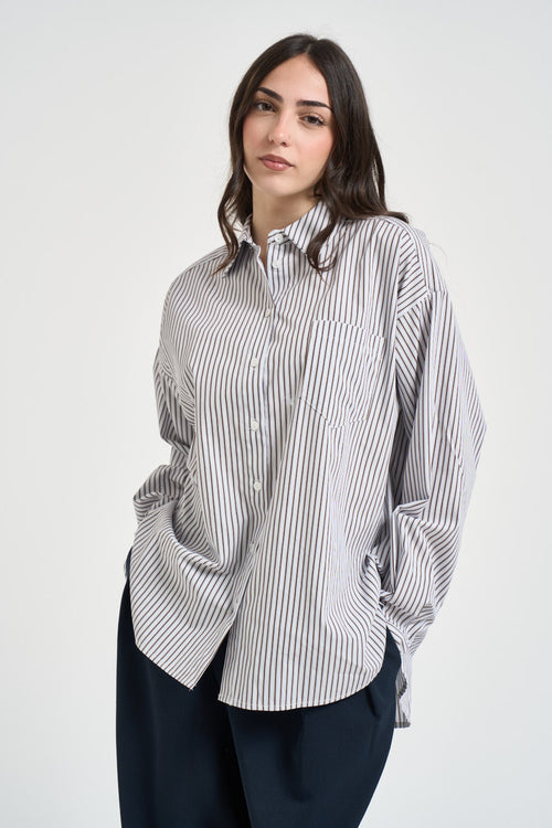 Camicia donna bianca a righe blu e marrone - 1