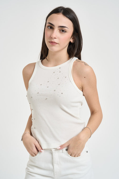 Top donna girocollo bianco con strass - 1