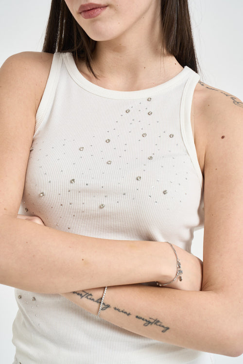Top donna girocollo bianco con strass - 2