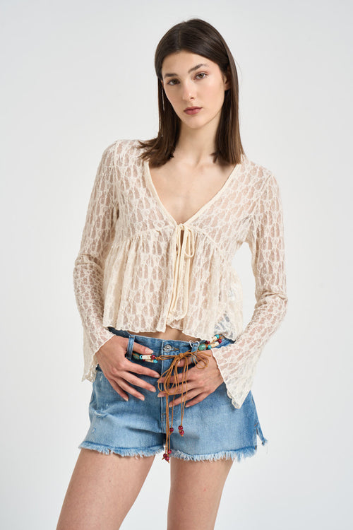 Top donna ricamato in pizzo panna - 1