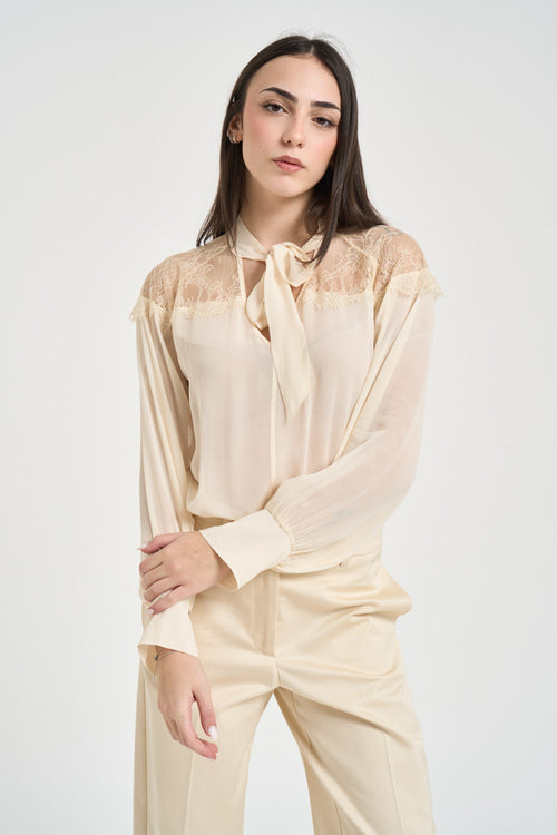 Camicia donna con inserti in pizzo panna<BR/> - 1