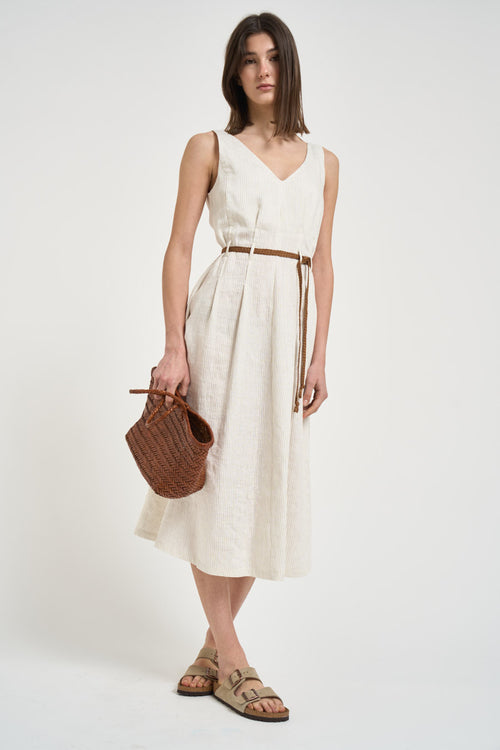 Abito donna midi in lino gessato bianco