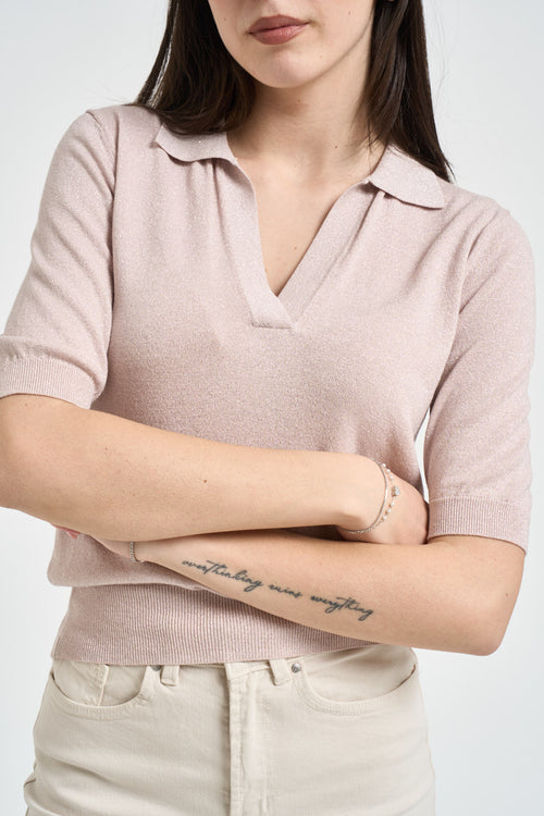 Polo donna in maglia rosa con lurex - 2