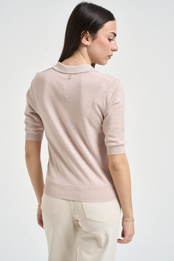 Polo donna in maglia rosa con lurex - 3