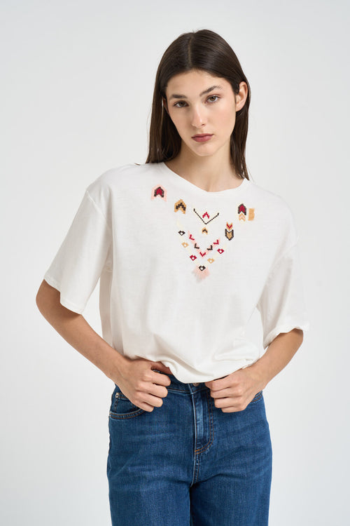 T-shirt donna con ricami multicolor bianca - 1