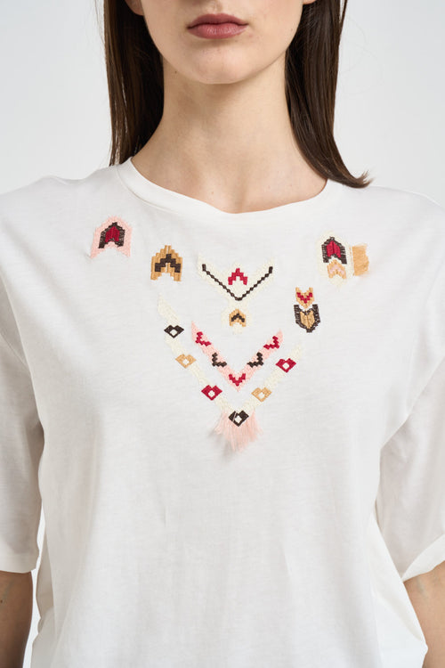 T-shirt donna con ricami multicolor bianca - 2
