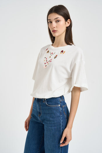 T-shirt donna con ricami multicolor bianca - 3