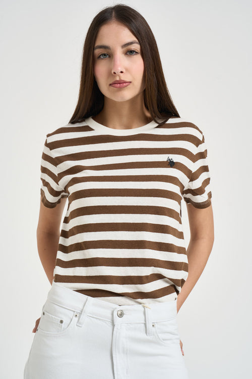 T-shirt donna a righe marrone e bianco - 1
