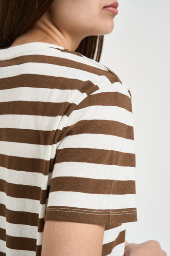 T-shirt donna a righe marrone e bianco - 4