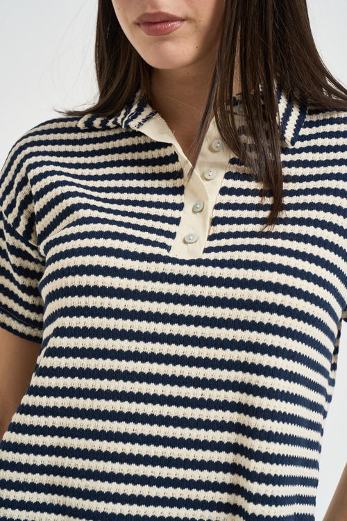 Polo donna a righe blu e panna - 2