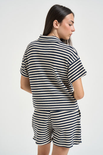 Polo donna a righe blu e panna - 3