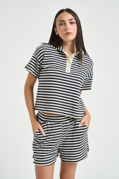 Polo donna a righe blu e panna