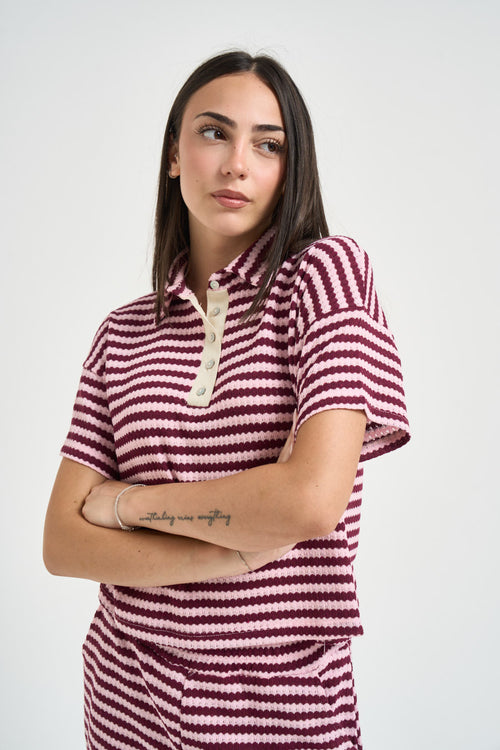 Polo donna a righe rosa e bordeaux - 2