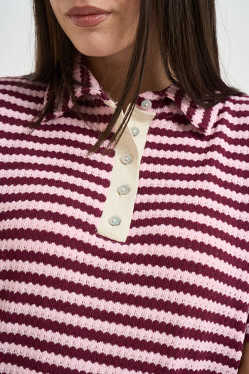 Polo donna a righe rosa e bordeaux - 3