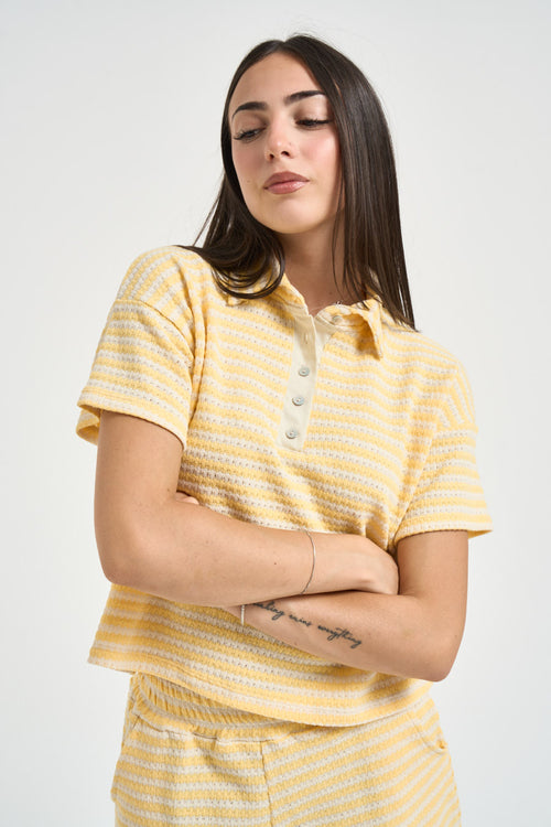 Polo donna a righe giallo e panna - 2
