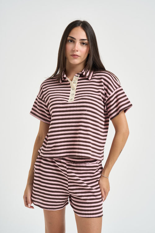 Polo donna a righe marrone e rosa