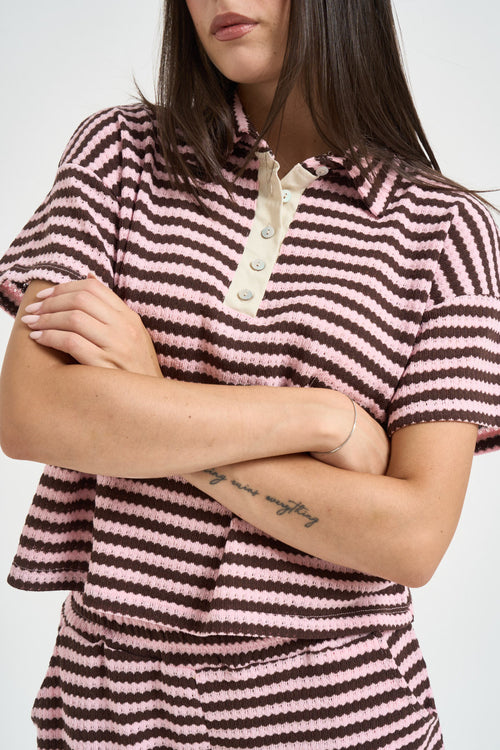 Polo donna a righe marrone e rosa - 2